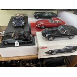 Five model Jaguars including GT Spirit E Type Convertable, and E Type, Schuco E Type Shooting Brake,