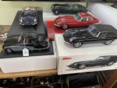 Five model Jaguars including GT Spirit E Type Convertable, and E Type, Schuco E Type Shooting Brake,