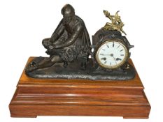 Ornate spelter Shakespeare figure clock on wood base, 32cm.