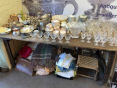 Three part tea services, assorted china, glass, metalware, quilts, linen, stools, etc.