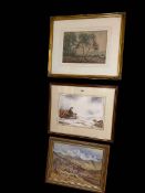 Collection of seven various pictures including Moorland oil, watercolours, etc.