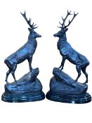 Pair of impressive bronze models of stags in rocky outcrops on marble bases, 74cm high.