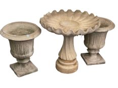 Pair composite Campana style garden urns and composite shell topped pedestal bird bath (urns 56cm