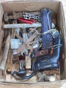 Box of assorted tools including spanners, brace, drill, etc.