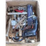 Box of assorted tools including spanners, brace, drill, etc.