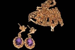 9 carat gold flat link necklace, 48cm, and 14k gold amethyst earrings.
