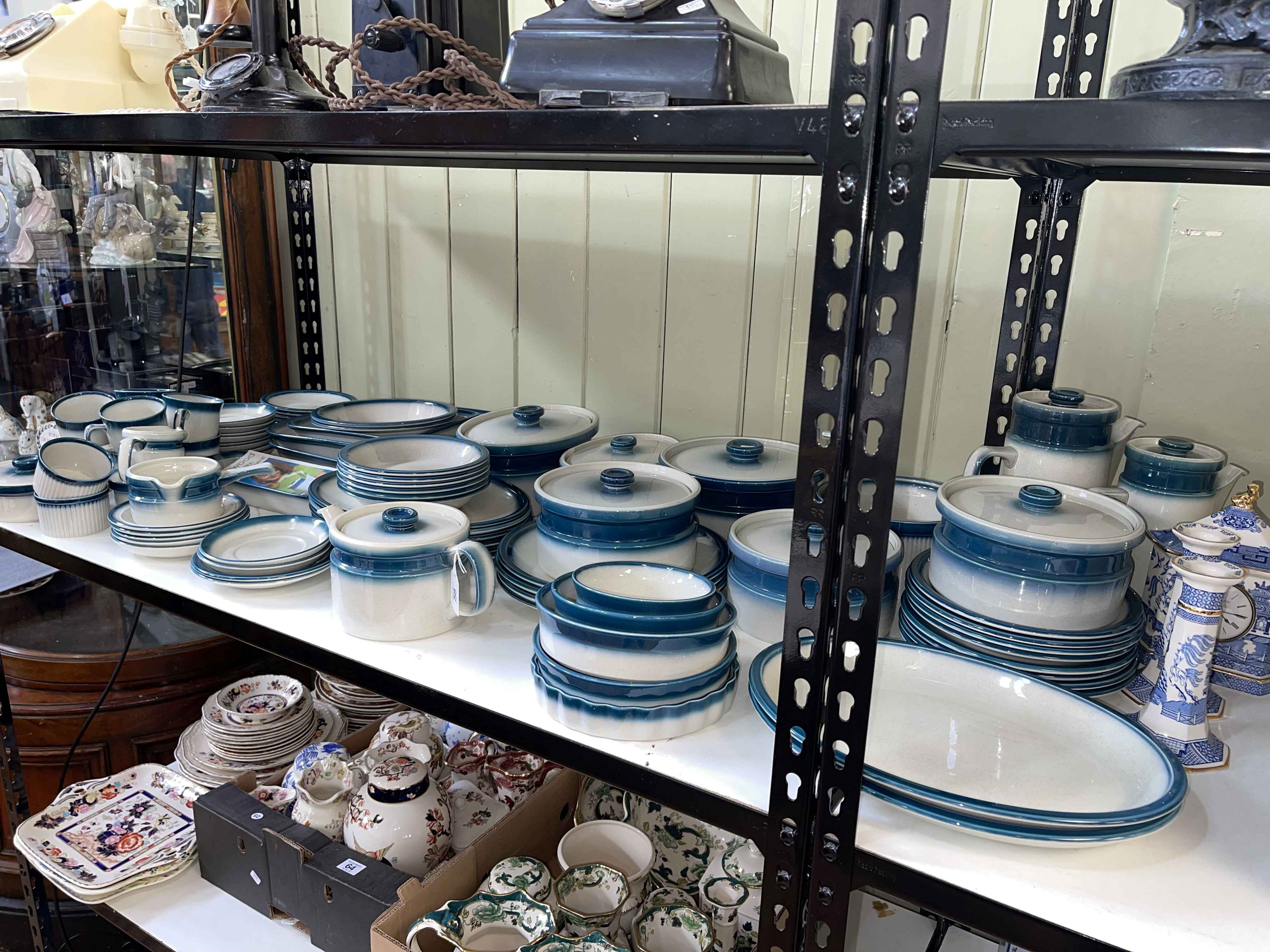 Wedgwood blue pacific table service including teapots, tureens, baking trays, etc,