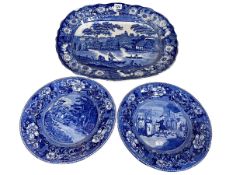 Early blue and white meat plate together with two 'Doctor Syntax' plates (3).