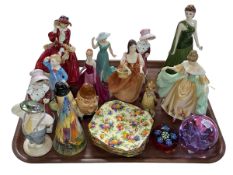 Tray lot with Royal Doulton, Coalport and other figures, sugar sifter, etc.