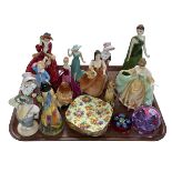 Tray lot with Royal Doulton, Coalport and other figures, sugar sifter, etc.