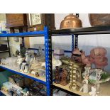 Collection of Oriental figurines, decanters, metalwares, Staffordshire flat back, mirrors, etc.