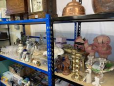 Collection of Oriental figurines, decanters, metalwares, Staffordshire flat back, mirrors, etc.