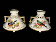 Pair Royal Worcester bird painted vases, 7.5cm.