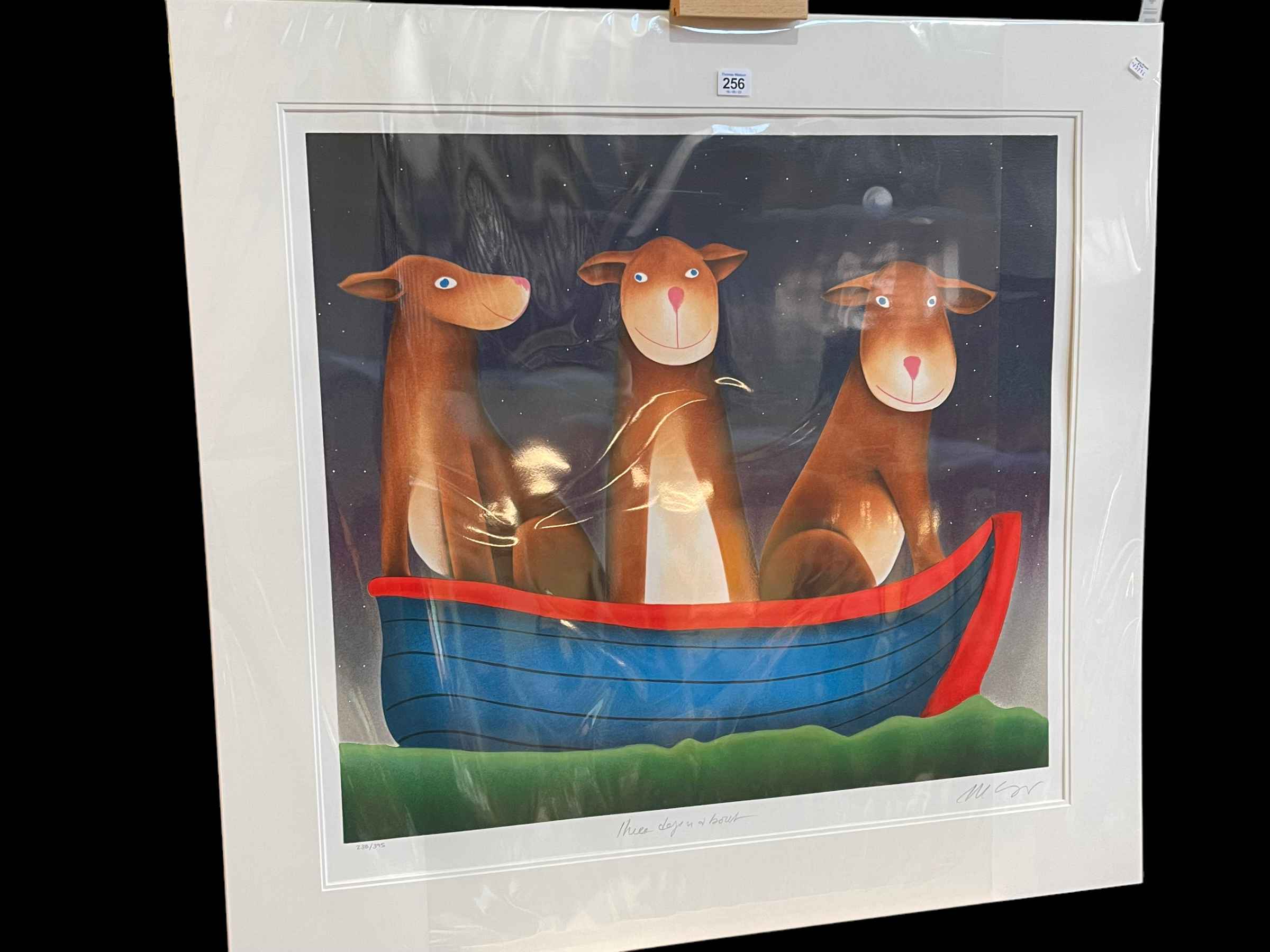 Mackenzie Thorpe, Three Dogs in a Boat, limited edition silkscreen, signed,