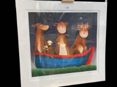 Mackenzie Thorpe, Three Dogs in a Boat, limited edition silkscreen, signed,