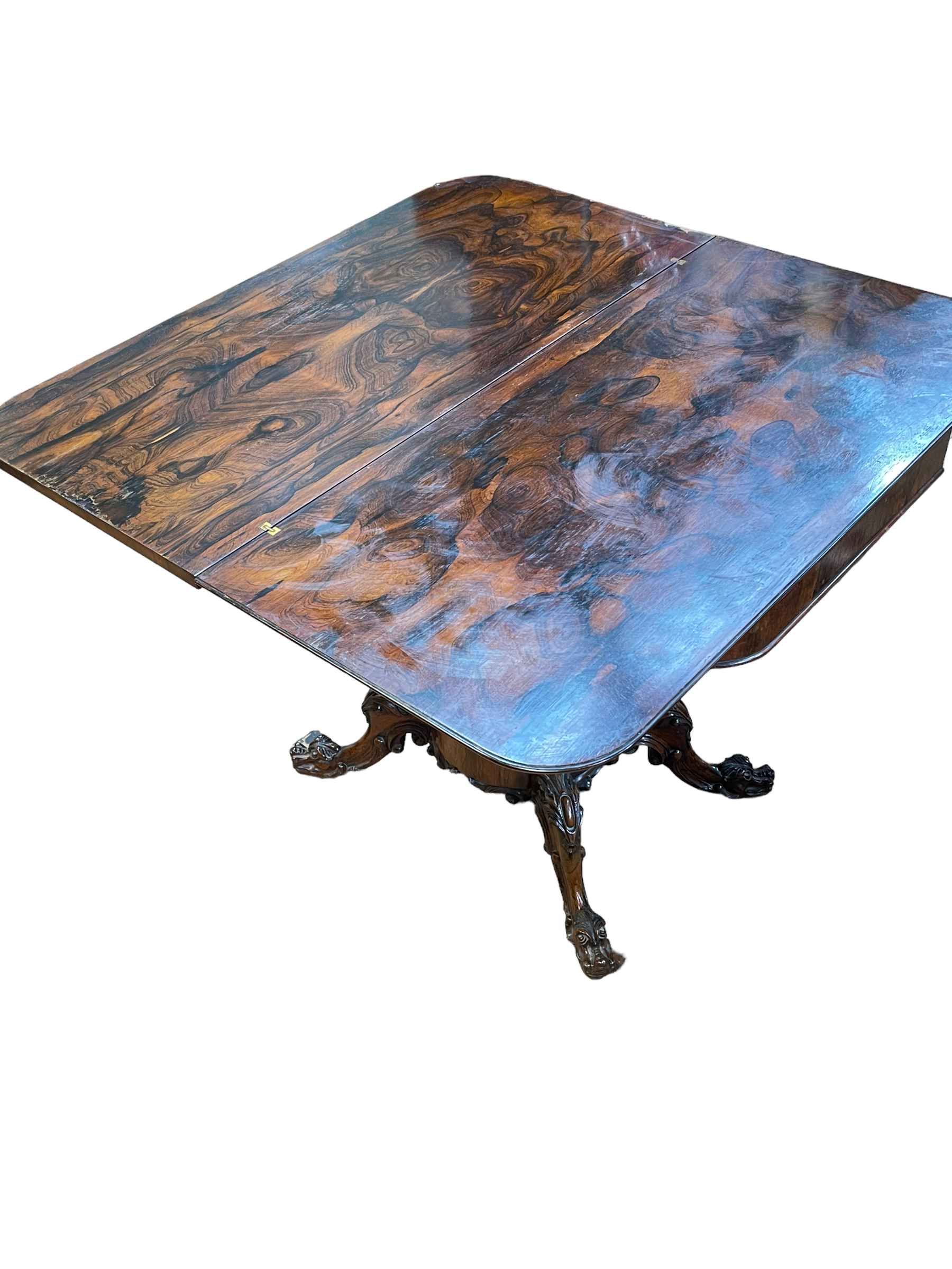 Victorian rosewood fold top tea table on turned pedestal to four carved scrolled legs, 73. - Image 2 of 2