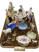 Six Royal Doulton figures, Beswick duck and sheep, other figures, dishes, etc.