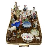Six Royal Doulton figures, Beswick duck and sheep, other figures, dishes, etc.