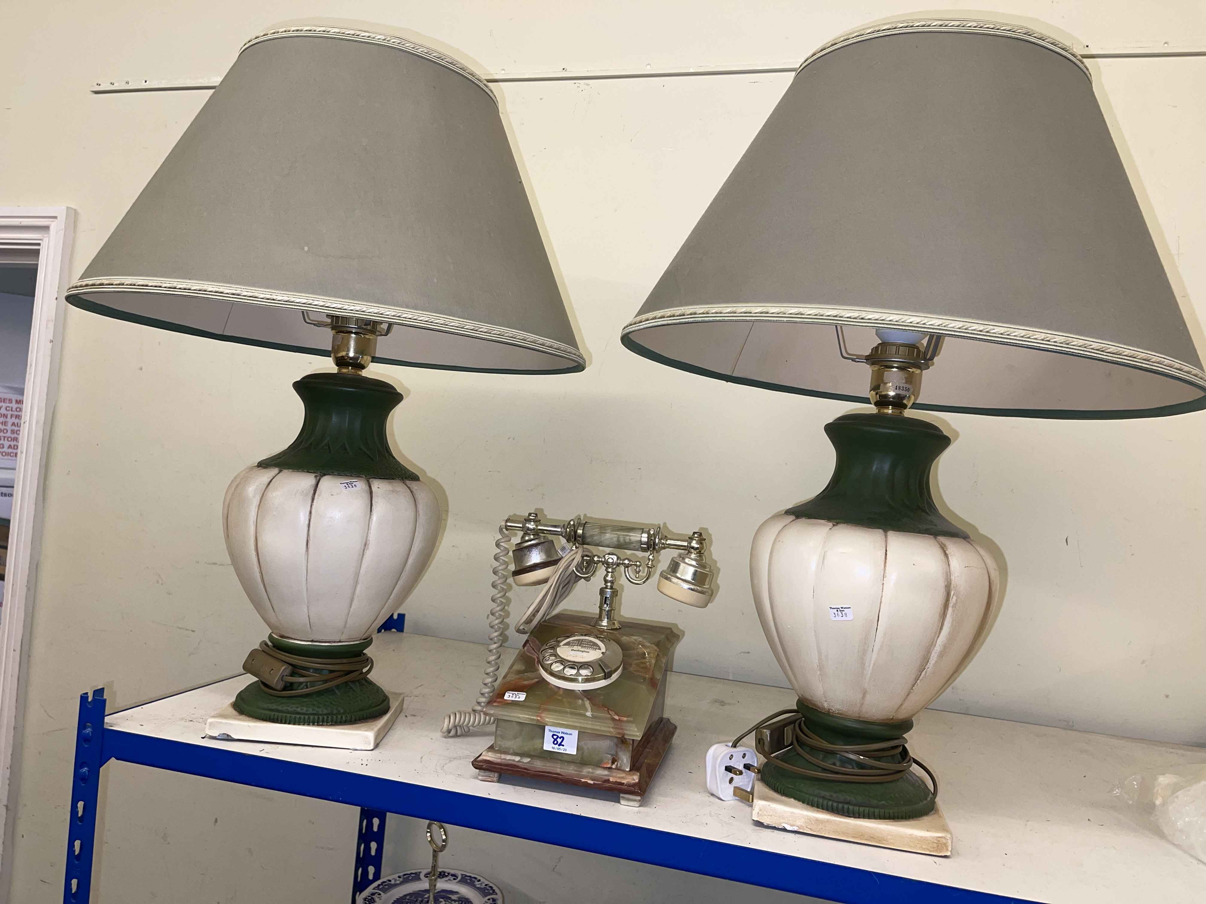 Pair of pottery table lamps and shades, onyx telephone, Spode blue and white Italian tableware. - Image 2 of 2