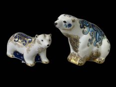 Two Royal Crown Derby paperweights, Polar Bear, 10cm, and Polar Bear Cub Standing, 7cm,