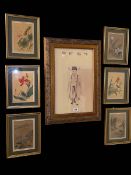 Set of six framed Chinese paintings, Chinese portrait and pine framed overmantel mirror (8).