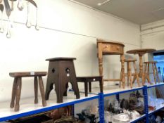 Circular pine tripod occasional table, pair beech stools, pine corner washstand,