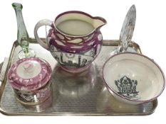 Three pieces of Sunderland Lustre Masonic wares, glass vase and obelisk (5).