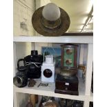 Collection of railway memorabilia including lamps, signal box, conductors bell, painting, etc.