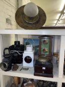 Collection of railway memorabilia including lamps, signal box, conductors bell, painting, etc.