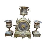 Ornate gilt metal three piece garniture clock set, clock 42cm high.