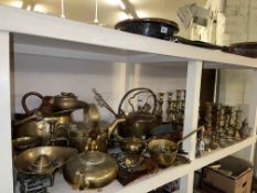 Collection of brass and copper wares including candle holders, scales with weights, jam pan,