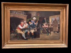 Attributed to Edgar Bundy, Victorian Tavern Scene, oil on canvas, 39cm by 66cm, in gilt frame.