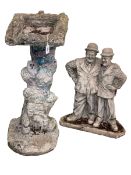 Novelty tree trunk pedestal bird bath and Laurel & Hardy garden group (2) (bird bath 63cm).