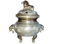 Ornate brass Oriental censor with lid, 31cm high.