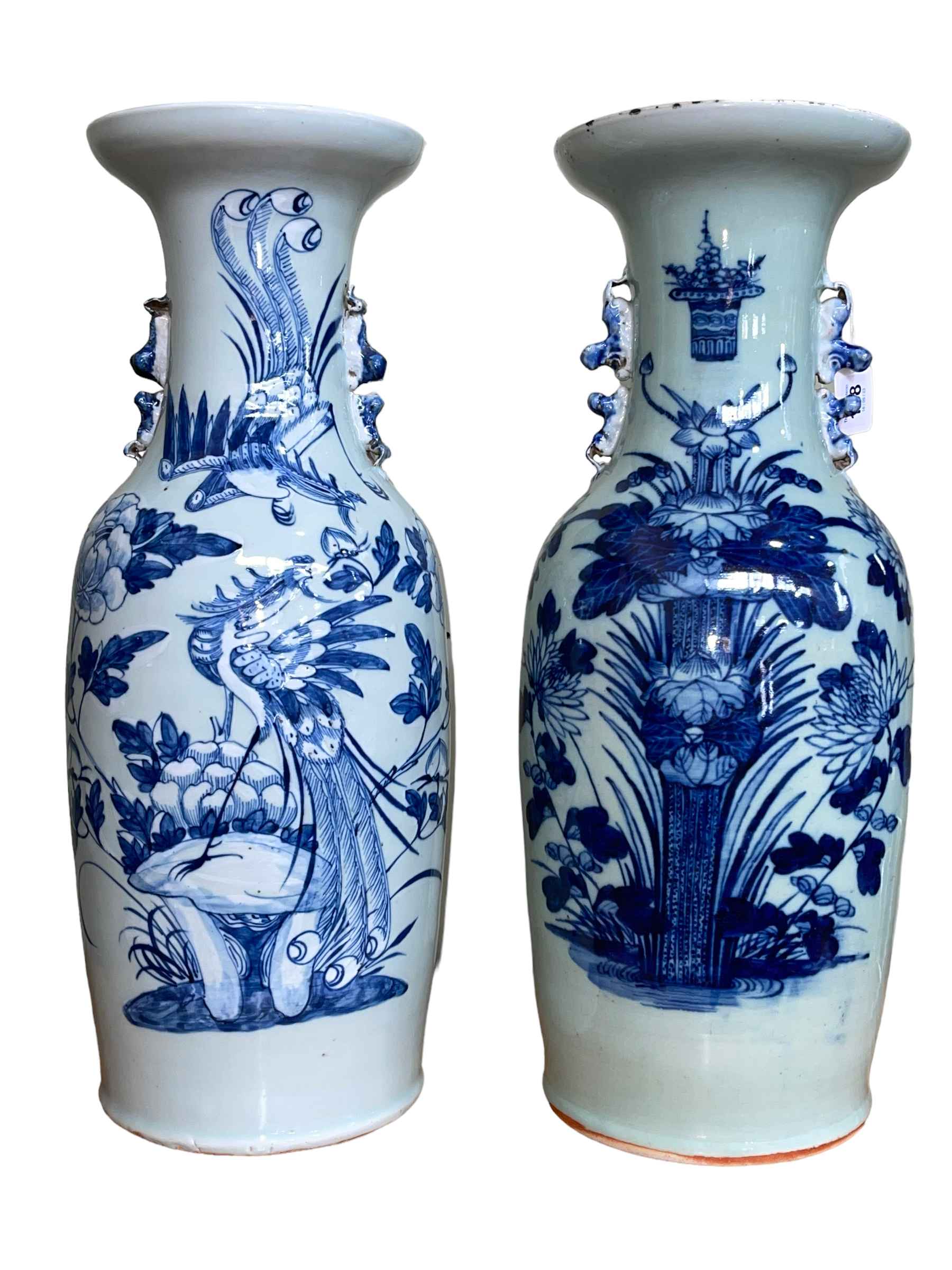A large pair of 19th Century Chinese Celadon vases decorated with flowers and exotic birds, 58.