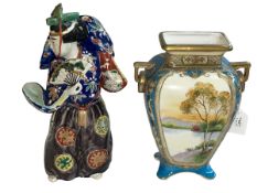 Japanese pottery figure of lady with fan and Noritake vase decorated with Lakes in Landscapes.