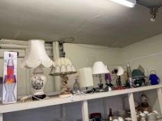 Collection of table lamps including Hummel, Lava Lamp, Tripod lamp, etc.