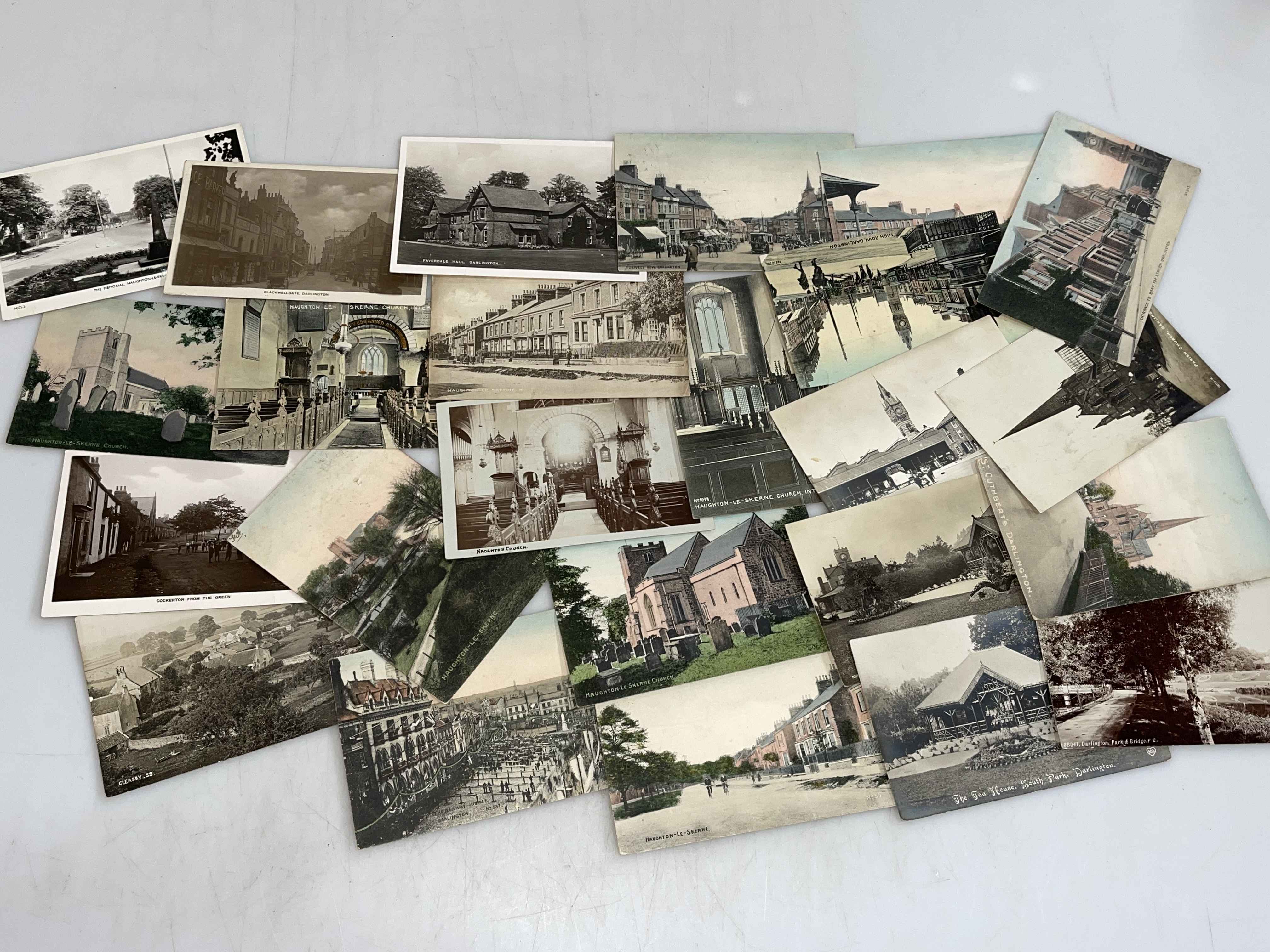 Collection of real photographic and printed Darlington postcards including Cleasby, Cockerton,