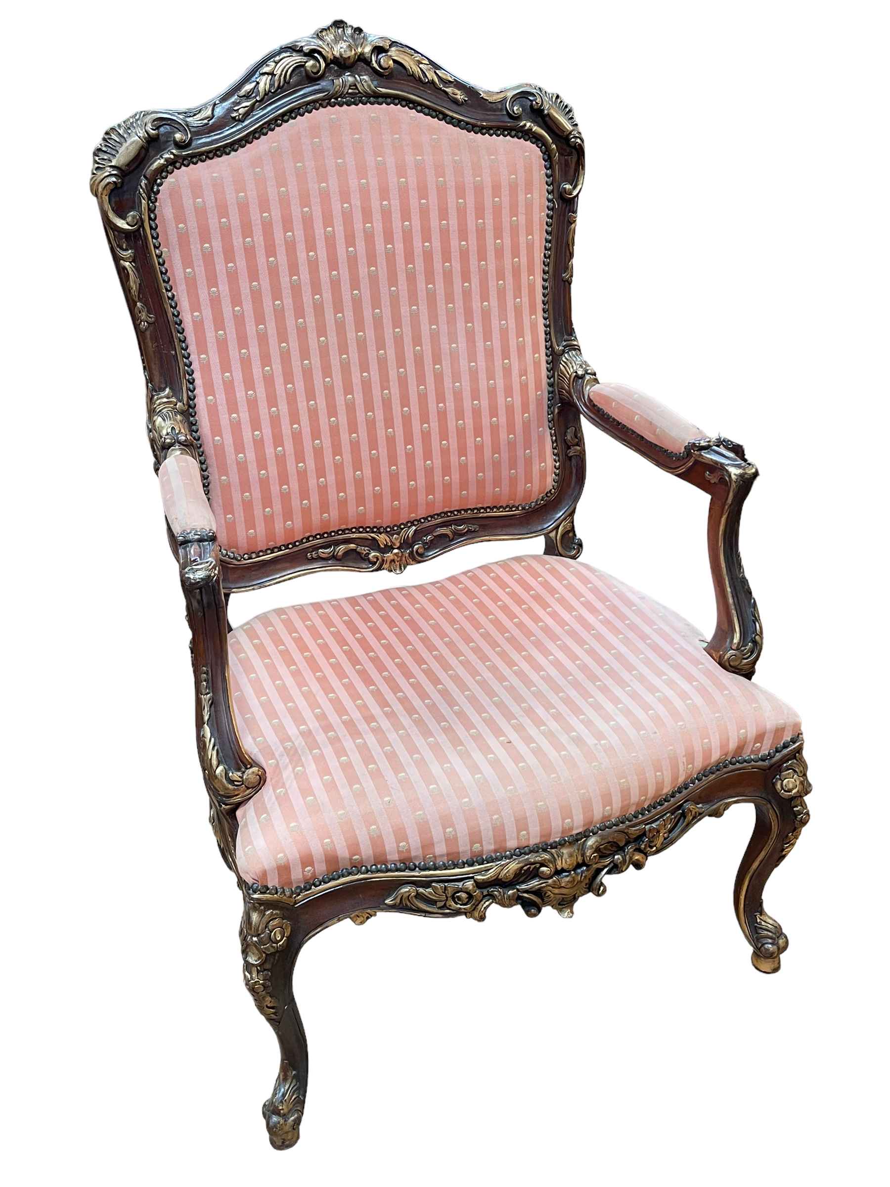 Continental part gilt painted open armchair with serpentine front seat.