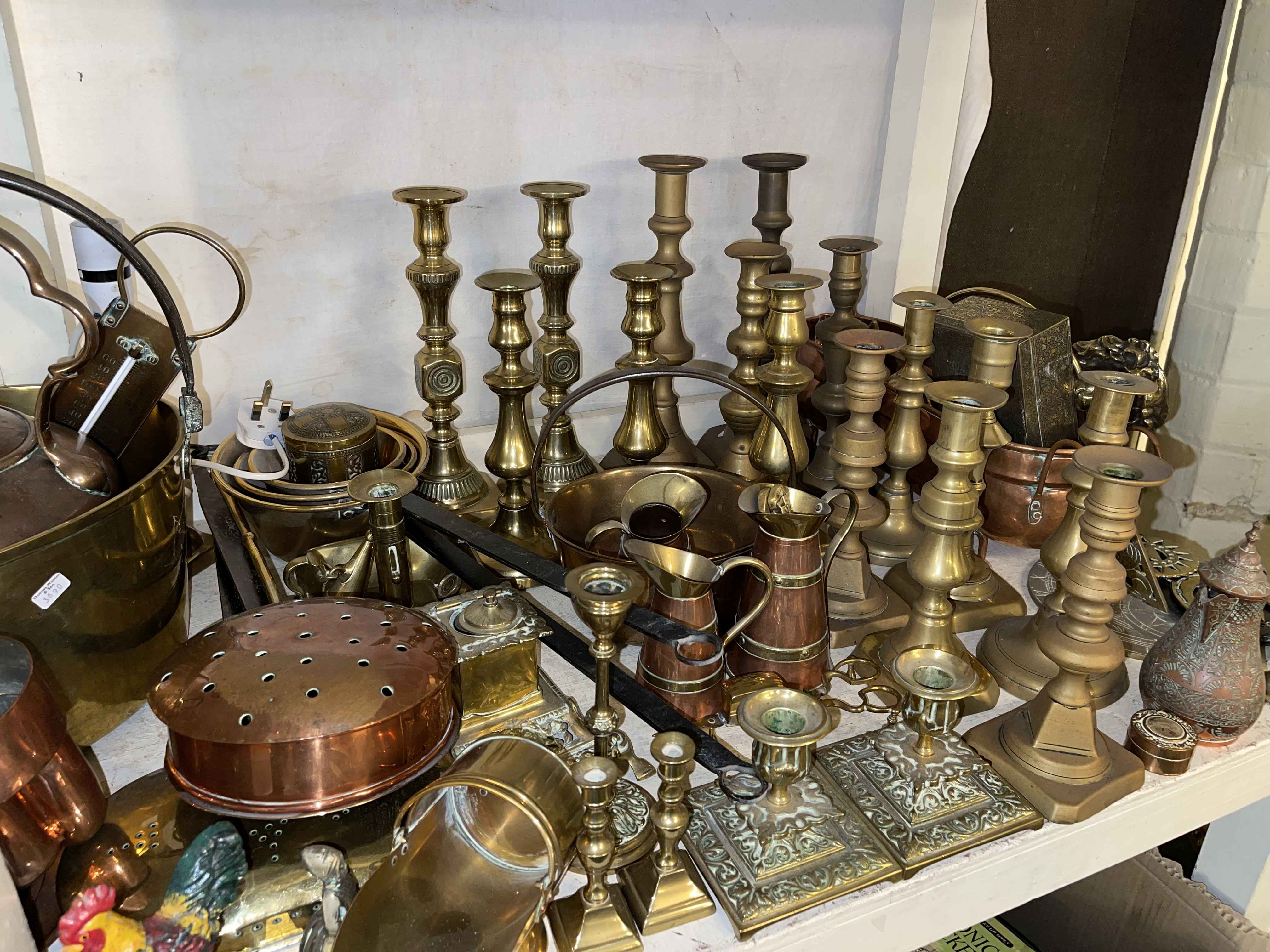 Collection of brass and copper wares including candle holders, scales with weights, jam pan, - Image 3 of 3