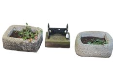 Two small weathered plant troughs and foot scraper (3).