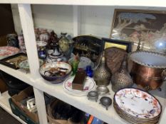 Collection of Oriental wares including Cloisonne vases, Imari cats and meat plate,