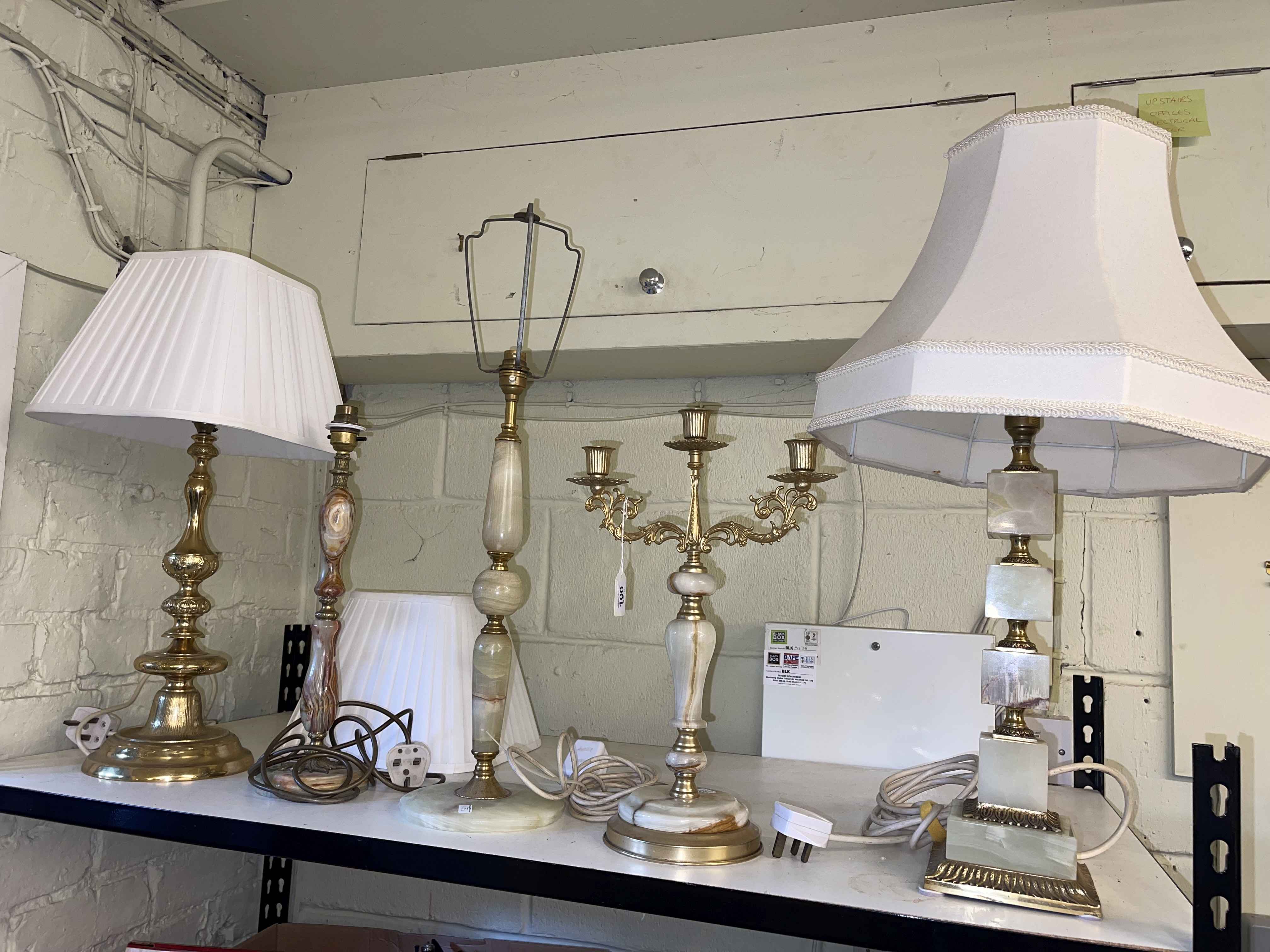Collection of five table lamps including onyx, gold gilt, etc.