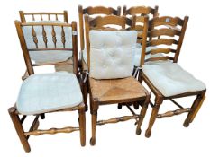 Six rush seated dining chairs including set of four ladder back and pair antique country,