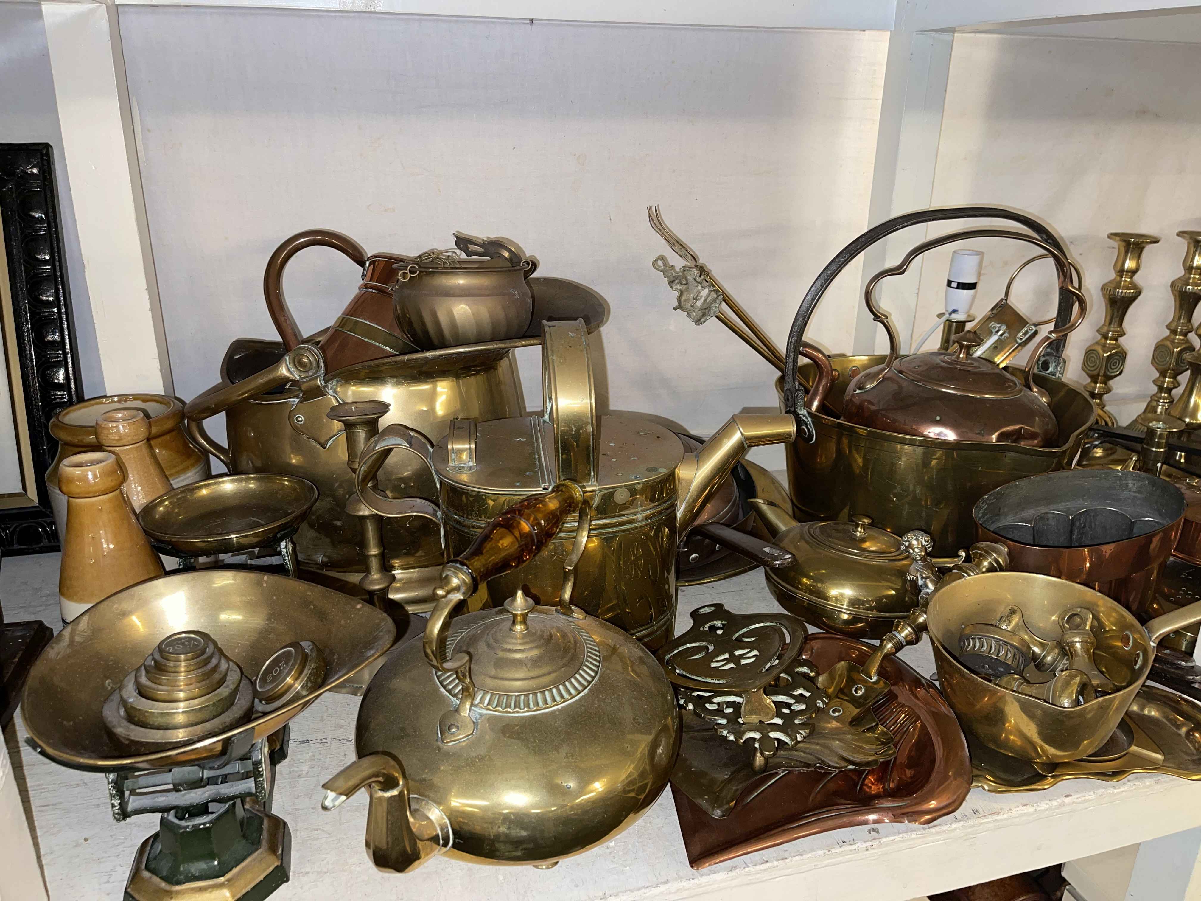 Collection of brass and copper wares including candle holders, scales with weights, jam pan, - Image 2 of 3