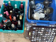 Box of assorted wines and spirits, box of cutlery, silver plate, Wedgwood, thimbles etc.