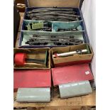 Collection of Hornby tin plate train carriages, track, accessories, etc.