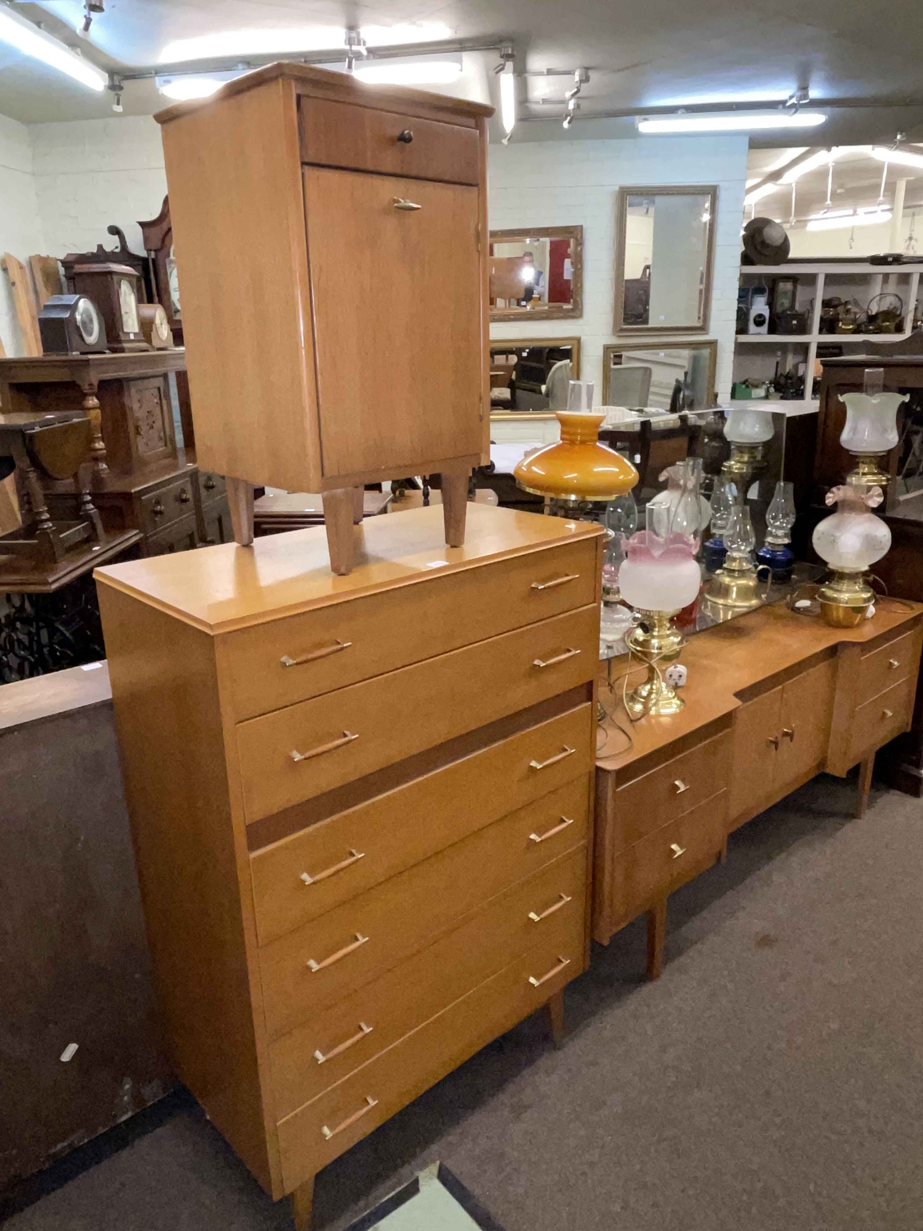 Lebus Mid Century dressing table, six drawer chest and bedside cabinet (3).