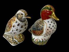 Two Royal Crown Derby paperweights, Collectors Guild Green Winged Teal, 11.5cm, and Song Thrush, 10.