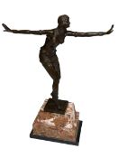 Art Deco style bronze figure of a dancer on marble plinth, 49cm.